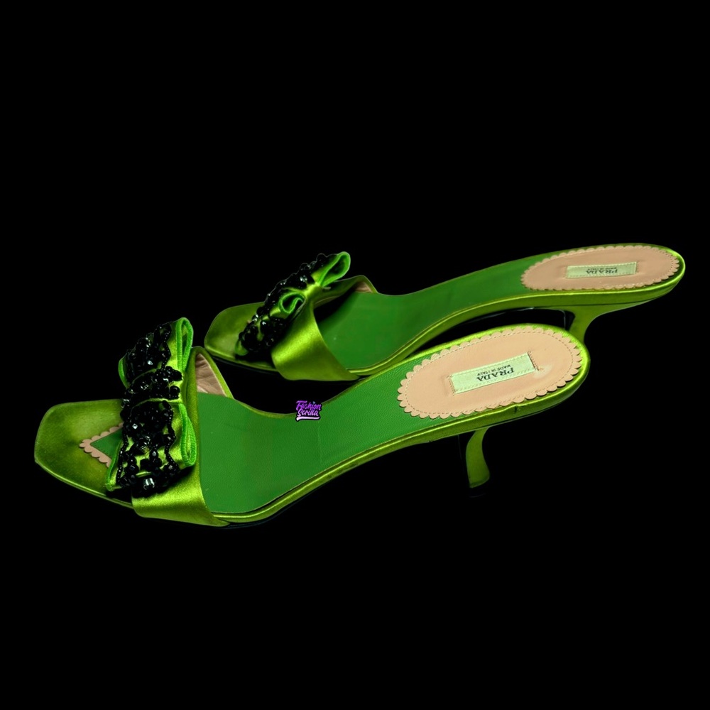 Prada Archive Poison Apple Silk Green Beaded Apliqué Bow 2000s Kitten Heel Mules - Picture 6 of 8